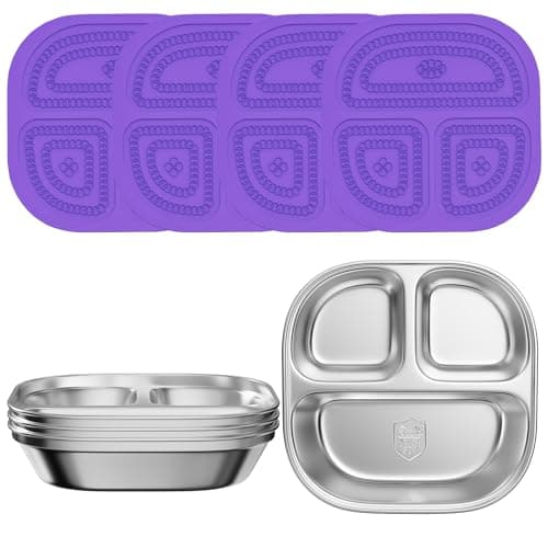 ENCYS Set of 4 Snack Containers,Stainless Steel Kids Plates,Stainless Steel Toddler Plate with Silicone Lids- Reusable Meal Prep Lunch Containers for Kids Non Toxic & 100% BPA Free (Purple) - Image 1