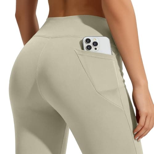 AMLEER Women's V Waist Side Split Wide Leg Yoga Leggings - High Waisted Crossover Stretchy Workout Flare Yoga Pants（Nude Apricot, 3X-Large - Thumbnail 3