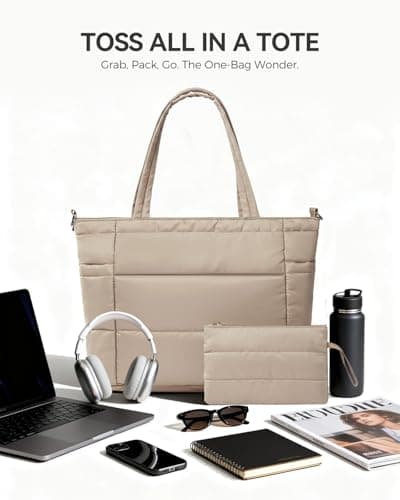 Moyad Puffer Tote Bag for Women, Quilted Work Bags with Compartments, Puffy Handbag for Everyday, Work, Travel, Gym, Khaki - Thumbnail 6