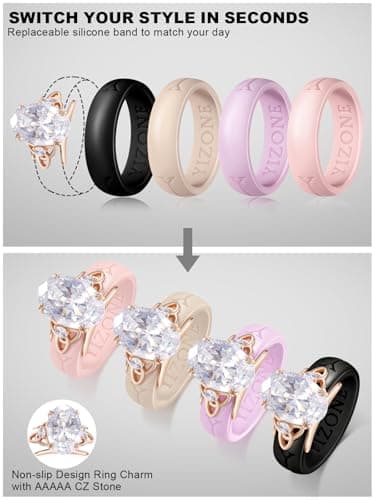 Silicone Ring with Stone Silicone Rings for Her–Comfortable Everyday Workout Ring, 4 Colors Included, Rose Gold Plated Cubic Zirconia Oval Ring with Celtic Knot, Patent Pending Design, Rose Gold Plated Size 10 - Thumbnail 2