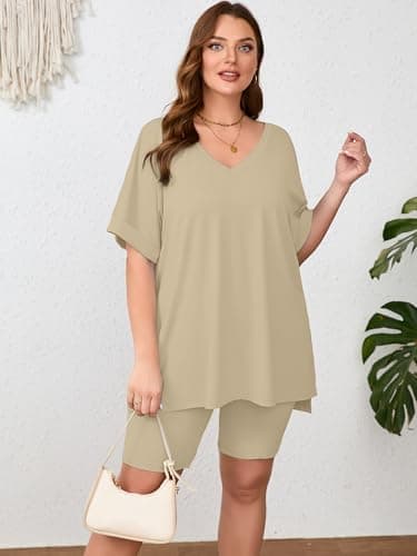 AusLook Women's Plus size 2 Piece Short Outfits Set Short Sleeve Tops and Shorts Pants Light Khaki 3X Casual Comfy Soft Ladies Short Sleepwear Lounge Pajama Matching Set - Thumbnail 4