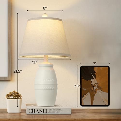 QiMH 21.5" Lamps Set of 2, Farmhouse Lamps for Living Room, Modern Table Lamp for Bedroom, Vintage Rustic Nightstand Lamp with Linen Shade, Retro Bedside Lamp for Office Home, White - Thumbnail 2