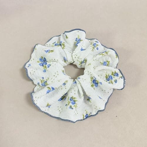 Jseng 3PCS Large Floral Scrunchies for Hair, Cute Hair Ties, Pink, Blue and Green - Thumbnail 6