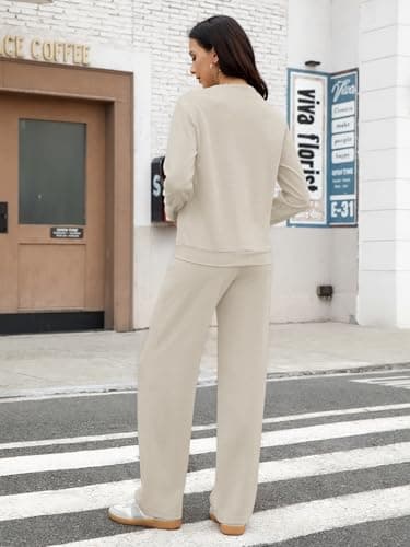Casly Lamiit 2 Piece Outfits for Women Trendy Lounge Set Fall Mock Neck Tracksuit Wide Leg Pants Matching Sets Casual Work Travel Clothes Dark Beige M - Thumbnail 6