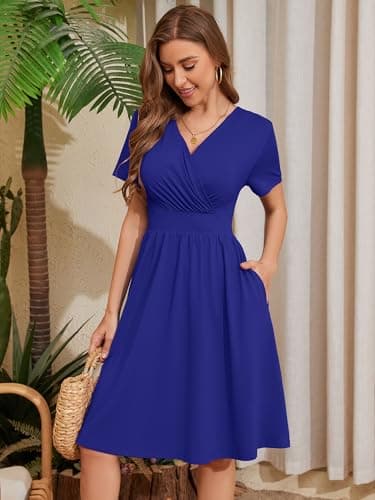 Heymoments Women's Summer Comfy Swing Sundress Dark Blue Large Short Sleeve Casual Midi Dress Empire Waist Wrap V Neck A-Line Classy Beach Vacation Teacher Dresses with Pockets - Thumbnail 2