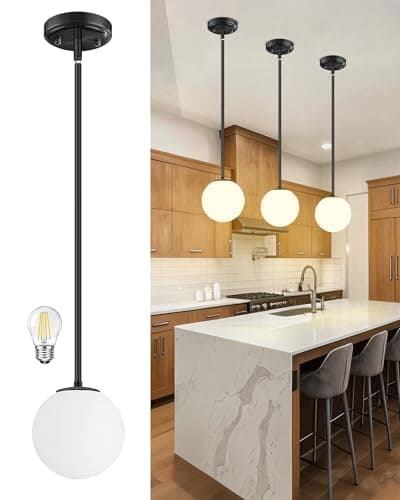 Majade Globe Pendant Lights Kitchen Island Mid Century Modern Pendant Light Fixtures 7.4 Inch Black Ceiling Lighting with Milk White Glass Shade Adjustable Hanging Light for Dining Room Living Room