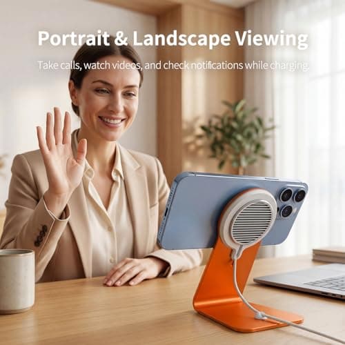 HUAFD MagSafe Charger Stand Compatible with Apple MagSafe Charger 15W/25W, Aluminum Desktop Dock for iPhone 17/16/15/14/13/12, Portrait & Landscape Viewing, Cable Slot, Charger Not Included, Oranger - Thumbnail 4