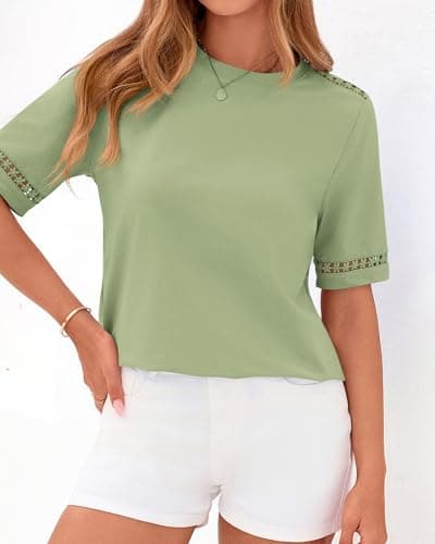 BTFBM Short Sleeve Shirts for Women 2026 Lace Summer Tops Spring Casual Loose Crew Neck T-Shirt Cute Vacation Outfits(Light Green, X-Large) - Thumbnail 2