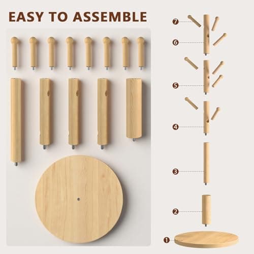 ACIPENSER Coat Rack Freestanding Wooden Coat Tree Stand with 8 Round-tip Hooks, 3 Adjustable heights Coat Hat Rack for Entryway,Bedroom,Hallway,Office (Natural) - Thumbnail 6