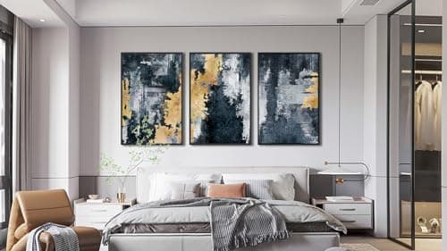 Large Framed Abstract Wall Art - Natural Frame Retro Canvas Pictures for Living Room Modern Canvas Prints Navy Blue for Bedroom, Black Float Frame Art for Home Office Kitchen Decor 24" X 36" X 3pcs - Thumbnail 2