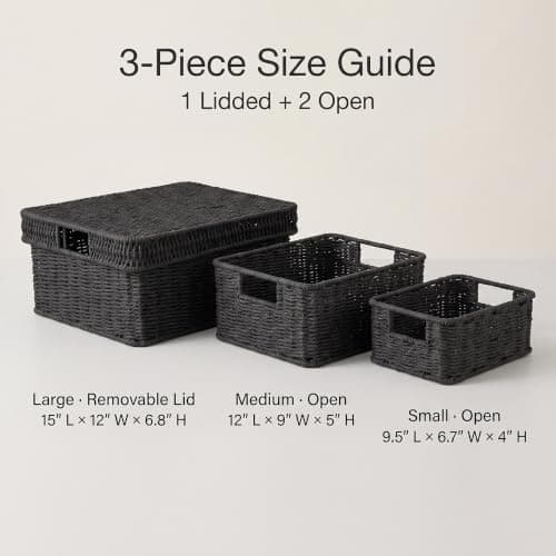 GANLUX Wicker Storage Basket with Lid - Woven Basket for Storage,Rectangular Decorative Boxes Bins with Lids for Shelves,living room, Nursery, 3 baskets+1 lids(Black) - Thumbnail 4