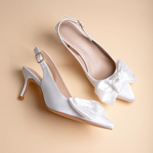 RUSAUISE White Heels for Women High Heels Slingback Heels Pointed Toe Pumps with Bow Low Heel Dress Shoes Wedding Shoes for Bride Bridal Shoes Silk Bow Size 9 - Thumbnail 4