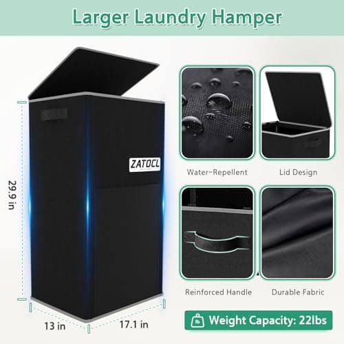 110L Laundry Hamper with Lid with Washing Bag & Front Mesh Bag, Large & Tall Laundry Basket, Collapsible Dirty Clothes Hampers for Bedroom Aesthetic, Bathroom, Dorm, Laundry Room - Easy Carry, Black - Thumbnail 2