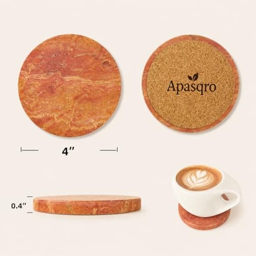 Natural Travertine Stone Coasters Set of 4 with Cork Backing – 4” (10cm) Round Absorbent Drink Coasters, Non-Slip Coffee Table Protectors, Rustic Farmhouse & Modern Décor, Gift-Ready - Thumbnail 2