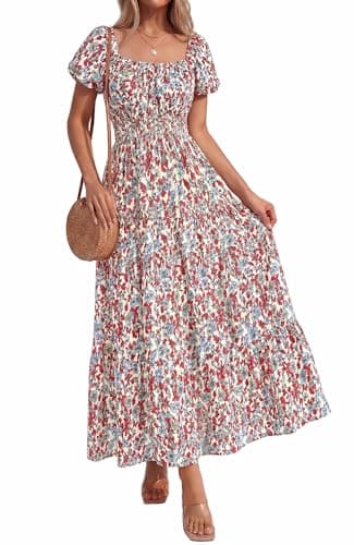 BTFBM Summer Dress for Women 2026 Spring Floral Short Sleeve Casual Flowy A-Line Smocked Tiered Maxi Dresses Pockets(Floral Beige Multicolor, XX-Large) - Image 1