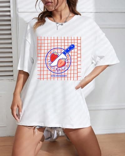 Aiyino Yk2 Womens Oversized Graphic T Shirt 100% Cotton Strawberry Fruit Shirt Casual Summer Loose Fit Tee XL - Thumbnail 3
