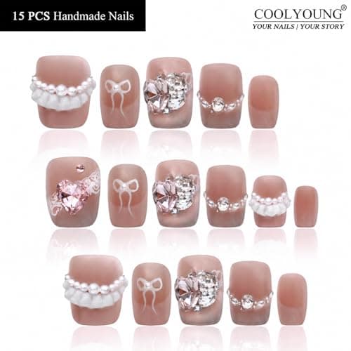 Handmade Nails Press On Nails Pink Short Square Nails Women Gift Ideas 3D Nailphoria Press Ons Nails For Women COOLYOUNG Artificial Nails, 15 PCS, Size L - Thumbnail 2