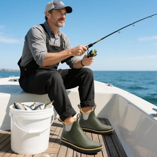 Kalkal Men's Deck Boots Anti-Slip Saltwater Fishing Rain Boots with Memory Foam, Waterproof Rubber Ankle Work Boots for Sailing (Lime Green, Size13) - Thumbnail 2