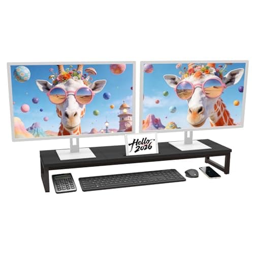 huacz Dual Monitor Stand Riser, 38.7'' Long Wood and Steel Monitor Stand for 2 Monitors, Ergonomic Desktop Organizer with Tablet Stand for Computer,Laptop,TV (Black) - Image 1
