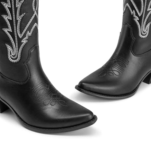 Athlefit Black Cowboy Boots for Women Cowgirl Knee High Comfortable Slip On Chunky Heel Square Toe Western Embroidered Tall Long Boots for Country Concert Black Size 10 - Thumbnail 5