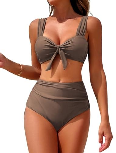 ZAFUL Bikini Sets for Women Push Up Tie Knot Cute Two Piece Tummy Control Swimsuits High Waisted Bathingsuits for Women Over 50 Push Up Bikini Top Coffee Brown L - Image 1