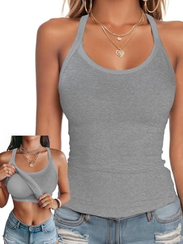 Ninee Womens Tank Tops with Built in Bra Summer Adjustable Spaghetti Straps Camisole Ribbed Cami Tanks (Grey,Small) - Image 1