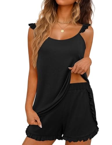 JUSTFASHIONNOW Pajama Sets for Women 2 piece Shorts Summer Cute Ruffle Cami Tops with Split Shorts Sleeveless Pj Set Sexy Lingerie Casual Sleepwear Comfy Lounge Sets (Black, XX-Large) - Image 1