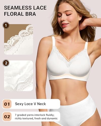 HORISUN V Neck Lace Wireless Bras for Women Push Up Bralette No Underwire Gel Bra Full Support Lift Seamless Everyday Bras (White 40DDD) - Thumbnail 2