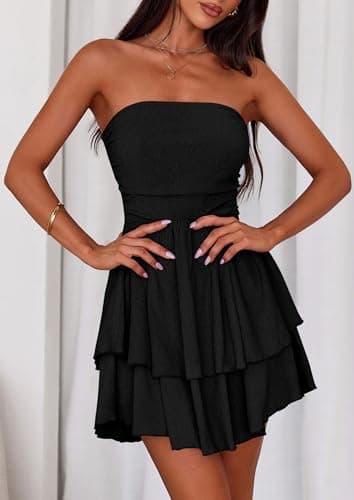 PRETTYGARDEN Women's 2026 Summer Strapless Tube Mini Dress Off Shoulder Smocked Ruffle A Line Flowy Short Party Club Dresses (Black,XX-Large) - Thumbnail 3