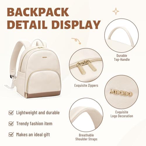 MDODO Small Backpack for Women Lightweight Stylish Mini Backpack Daypack Purses Cute Bookbag for Casual College Travel Daily,fit 10.9Inch iPad,Beige - Thumbnail 6