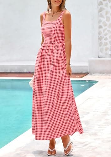 PRETTYGARDEN Women's 2026 Summer Spaghetti Strap Maxi Dresses Plaid Square Neck A Line Casual Beach Vacation Long Sundress (Brilliant Red,Large) - Thumbnail 4