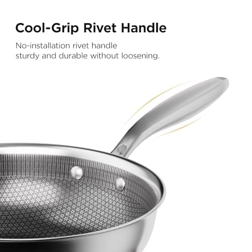 COOKER KING 12-Inch Hybrid Stainless Steel Wok with Lid, Nonstick Stir Fry Pan & Deep Frying Pan, Tri-Ply Clad Honeycomb Everyday Pan, Induction Ready, Oven & Dishwasher Safe, PFOA Free - Thumbnail 5