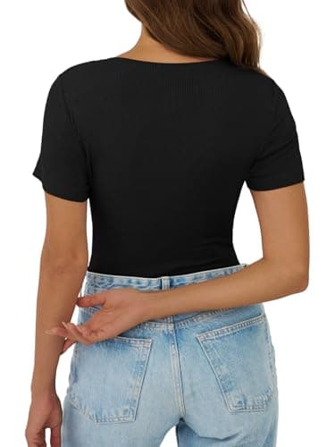 GKBK Short Sleeve Black Tops for Women Lace V Neck Cute Sexy Y2k Top Basic Tees Ribbed Fitted Shirts Going Out Summer Trending Fashion Clothes XL - Thumbnail 5