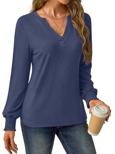 GKBK Womens Long Sleeve Shirts Fall Tops V Neck Business Dressy Casual Blouses with Smocked Cuffs Navy - Thumbnail 2