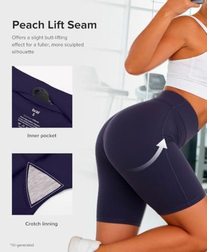 BRXL Workout Shorts Women 8" No Front Seam High Waist Yoga Gym Biker Shorts Tummy Control with Inner Pocket Navy Blue - Thumbnail 4