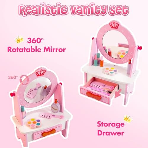 Wooden Vanity Set for Kids, Pretend Play Toddler Makeup Vanity with Acrylic Mirror, Beauty Salon Play Set for Little Girls Age 3+, Toys Gifts Includes Makeup Accessories and Bonus Stickers - Thumbnail 3