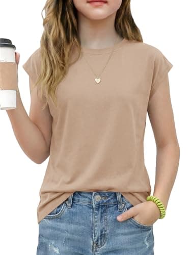 Girls Cap Sleeve T-Shirt Lightweight Summer Crewneck Top Loose Fit Casual Tee for Kids 5-14 Years Basic Tops Beige - Image 1