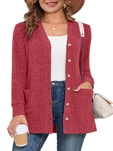 AusLook Plus Size Women Long Sleeve Cardigan Brick Red 5X Open Front Button Down Lightweight Casual Sweater Cover Ups Shrugs Shawls and Wraps Kimono Jacket Coat with Pockets - Image 1