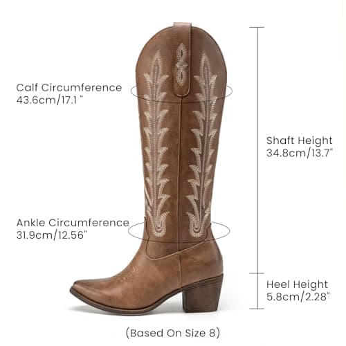 Athlefit Brown Cowboy Boots for Women Cowgirl Western Knee High Comfortable Pull On Block Heel Pointed Toe Dancing Fall Long Boots with Embroidery Brown Size 9 - Thumbnail 3
