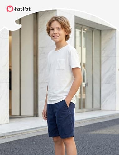 PATPAT Boys Short Sleeve Shirts Size 15-16 Years White Summer Crewneck T Shirt with Chest Pocket Casual Basic Tops Tees for Teen Boy - Thumbnail 3