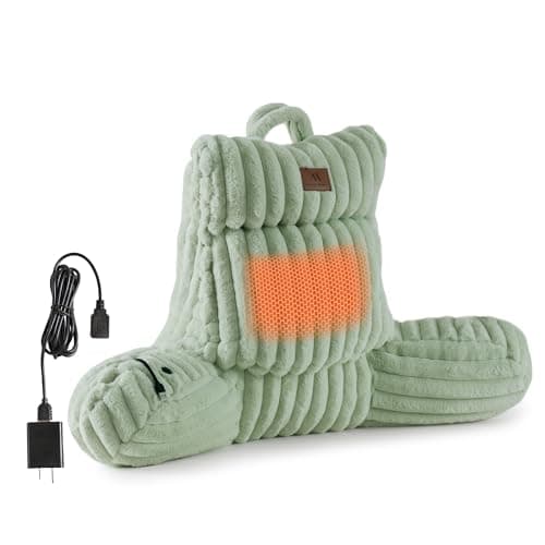 Amélie Home Heated Faux Fur Reading Pillow with Pocket - 3-Temperature Backrest for Sitting in Bed, USB-Powered(No Power Bank Included) Warming (113°F-131°F), 3H Auto Shutoff, Sage Green, 18 Inches