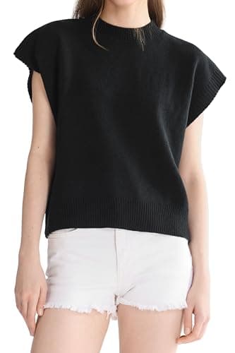Orolay Women's Short Sleeve Mock Neck Sweater Vest Cap Sleeve Solid Knit Top - Lightweight Business Casual Black - Image 1