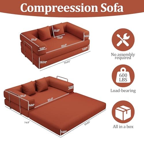 59.0 Inch Convertible Sofa Bed, 4-in-1Futon Sofas Bed Pull Out Sleeper Couch, Modern Deep Seat Sofa for Living Room, Corduroy Boneless Couches for Bedroom, Apartment, No Assembly, Orange, 59" 2 Seat - Thumbnail 2