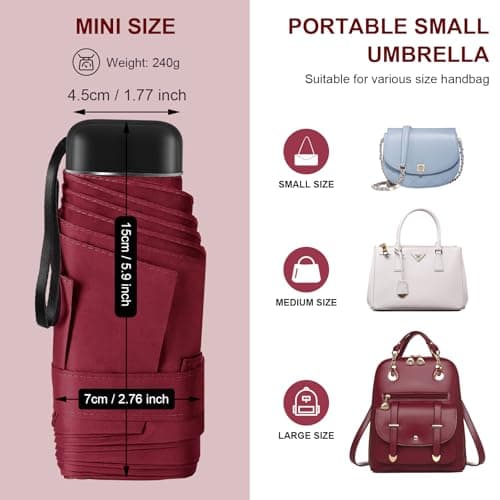 Mini Umbrella with Case for Travel Small Compact Lightweight Wine Red - Thumbnail 5