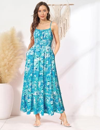 GRACE KARIN Summer Dresses for Women 2026 Vacation,Smocked Floral Maxi Dresses,Boho Beach Long Sundress Blue Green S - Thumbnail 2