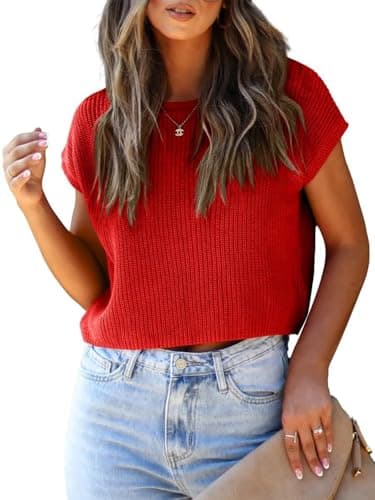LCXWFE Womens Summer Cropped Sweater Vest Trendy Cap Sleeve Crop Tops Crew Neck Loose Knit Tank Top - Image 1