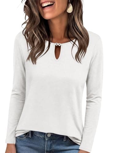 ANRABESS Women's Metal Keyhole Neck Long Sleeve Shirt,White,XXL