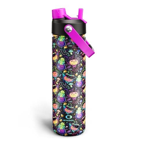 ENCOOL Insulated Water Bottle with Straw Stainless Steel Water Bottle, Leak-Proof, BPA-Free, Double Wall Vacuum Keeps Cold for 24 Hours for Sports, Travel, School (26 oz, Meowgic Night)