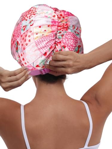 Vettres Double Layer Satin Bonnet with Eye Mask Adjustable Silk Sleep Cap Turban Style Hair Wrap for Curly Hair Pink Strawberry - Thumbnail 5