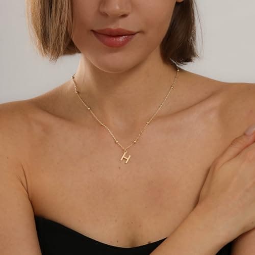 KISSCLOUD Initial Necklaces for Women 14K Gold Plated Dainty Letter Charm Necklace Personalized Name Pendant Bead Chain H Necklace Non Tarnish Trendy Jewelry Gift - Thumbnail 2